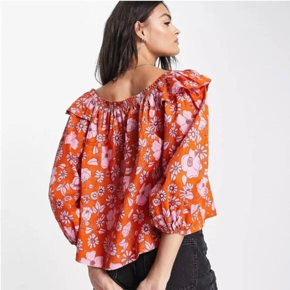 Free People Miss Daisy Top Blouse Long Sleeve Shirt Floral Orange Size Small - Picture 4 of 9